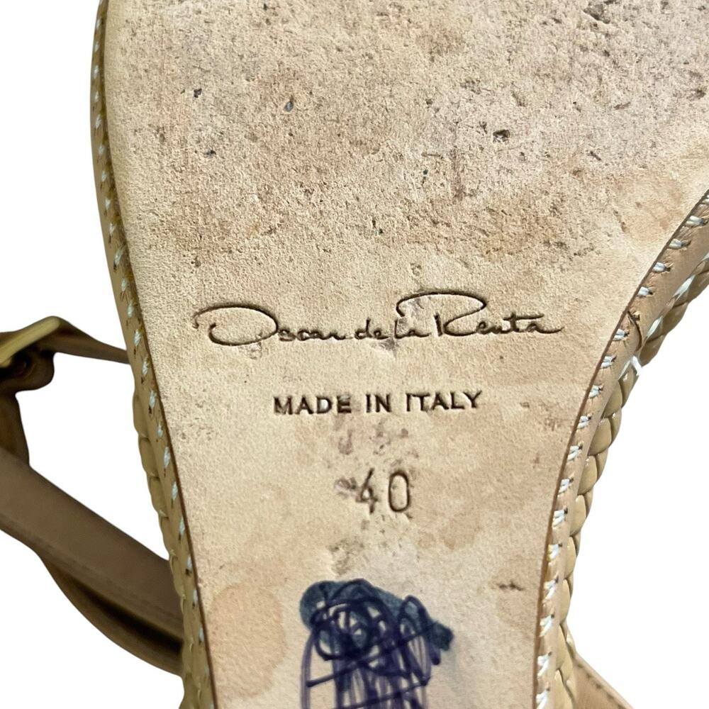 Oscar de la Renta Leather Wedge Sandal ITALY Size 40 US 10 Wrap Ankle Strap Nude - Picture 14 of 15